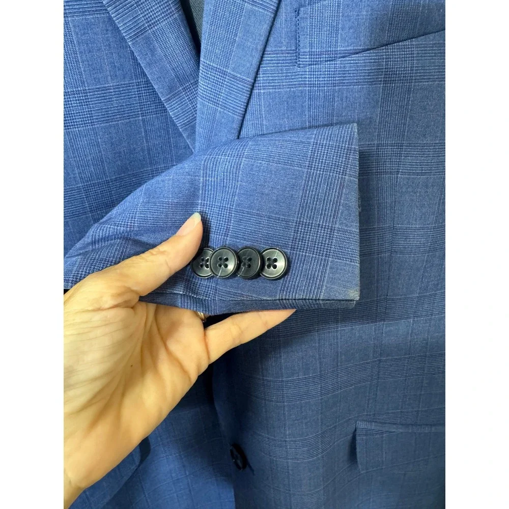 Kenneth Cole Reaction Mens Blue Glen Plaid 2-Button Blazer Jacket 42R Stretch